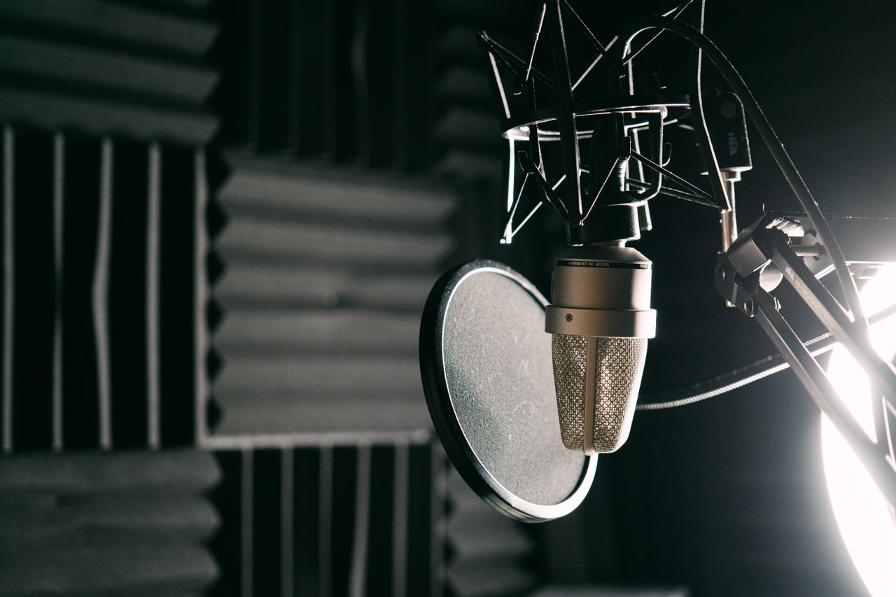 heros-img Close-up of a condenser microphone and pop filter in a soundproof studio setting.